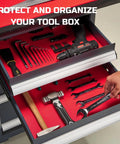 Open tool chest drawers with red Tool Box Liner 16 Inch Wide By 18 Feet Long Heavy Duty Rubber Mat For Drawer Rolling Tool Chest Cabinet And Workbench Grippy Anti Slip Pad Keeps Tools From Sliding Scratching And Spills Red.
