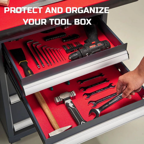 Open tool chest drawers with red Tool Box Liner 16 Inch Wide By 18 Feet Long Heavy Duty Rubber Mat For Drawer Rolling Tool Chest Cabinet And Workbench Grippy Anti Slip Pad Keeps Tools From Sliding Scratching And Spills Red.