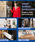 Collage showing uses of 15 Inch Stretch Film Wrap Pack of 12 With Extended Tension Handles 1200 Feet Each Clear Cling Wrap for moving.