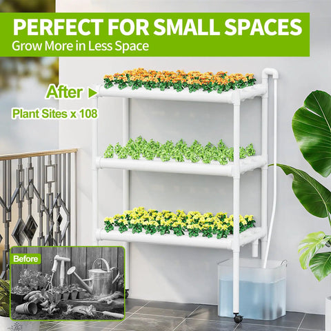 Hydroponics Growing System With Wheels A 3 Tier Vertical Garden Kit For 108 Plant Sites Made With Food Grade PVC Pipes Water Pump