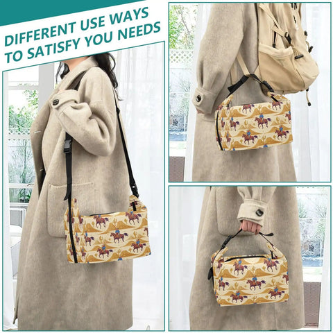 Insulated Lunch Bag For Work And Travel, Leakproof Reusable Lunch Tote with Cowboy Desert theme shown in various carrying styles.