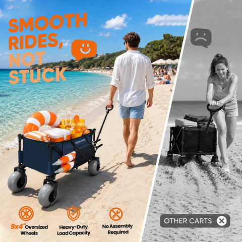 Man pulling Heavy Duty Beach Wagon With 9 Inch Balloon Wheels For Sand And All Terrain Surfaces along beach path