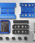 Disassembled Aluminum RC Car Stand With 360 Degree Rotation Lift And Lower Screw Tray For 1/8-1/16 scale models, blue components.