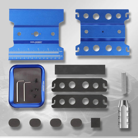 Disassembled Aluminum RC Car Stand With 360 Degree Rotation Lift And Lower Screw Tray For 1/8-1/16 scale models, blue components.