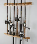 Six Rod Vertical Wall Mount Fishing Rod Rack For Garage Ceiling Or Wall Storage Solid Pine Construction That Safely Holds Six Poles And Reels.