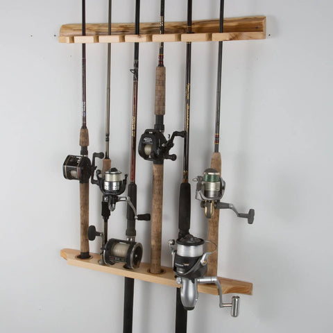 Six Rod Vertical Wall Mount Fishing Rod Rack For Garage Ceiling Or Wall Storage Solid Pine Construction That Safely Holds Six Poles And Reels.