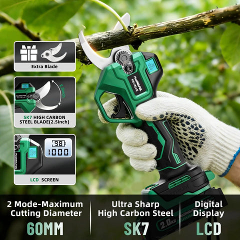 Powerful 2.5 Inch Cutting Capacity Cordless Pruning Shears With Brushless Motor Dual 2Ah Batteries SK7 Blade And LCD Display A Real Workhorse For Heavy Duty Garden Orchard And Branch Cutting Perfect For Tree Trimming And Hedge Work in use cutting branch