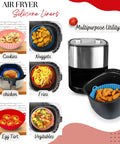 3-Pack Silicone Air Fryer Liners 8.5 Inch For 4 To 8 Qt displayed with cookies, nuggets, chicken, fries, egg tart, and vegetables