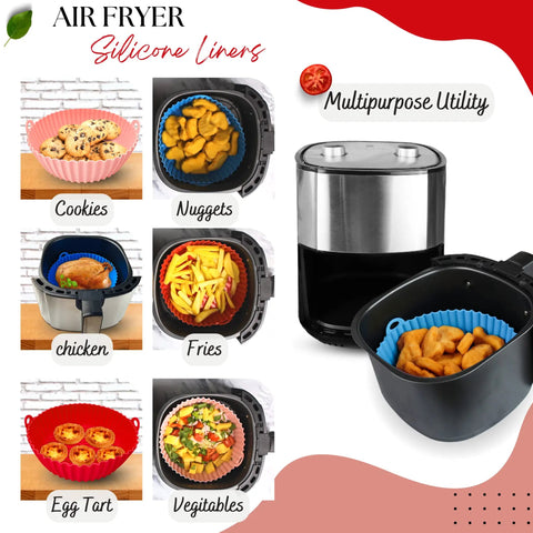 3-Pack Silicone Air Fryer Liners 8.5 Inch For 4 To 8 Qt displayed with cookies, nuggets, chicken, fries, egg tart, and vegetables