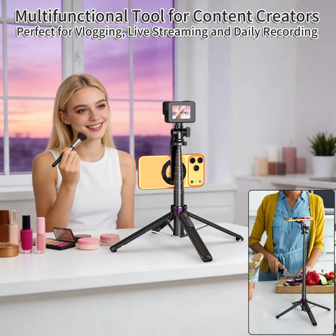 4 In 1 Magnetic Tripod For iPhone With 1 Quarter Inch Screw 53 Inch MagSafe Selfie Stick Tripod in use on table with makeup