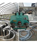 Jaryannix Heavy Duty Electric Pipe Bender For Stainless Steel Tube Roller Bending Machine W/ Nine Round And Eight Square Die Sets 1.5kw 110v Power Unit For Diverse Round And Square Metal Pipe Fabrication Projects in workshop showcasing curved metal pipes.