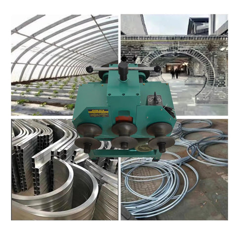 Jaryannix Heavy Duty Electric Pipe Bender For Stainless Steel Tube Roller Bending Machine W/ Nine Round And Eight Square Die Sets 1.5kw 110v Power Unit For Diverse Round And Square Metal Pipe Fabrication Projects in workshop showcasing curved metal pipes.