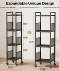 Expandable 4 Tier Slim Storage Cart on Wheels in Black showing adjustable width from 8.3 to 12.6 inches for narrow gaps.