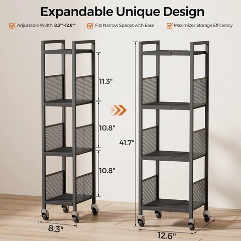 Expandable 4 Tier Slim Storage Cart on Wheels in Black showing adjustable width from 8.3 to 12.6 inches for narrow gaps.