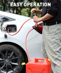 SMART JERRY fluid transfer pump, red hand siphon for automotive fuel and liquids, shown with gas can.
