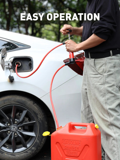 SMART JERRY fluid transfer pump, red hand siphon for automotive fuel and liquids, shown with gas can.