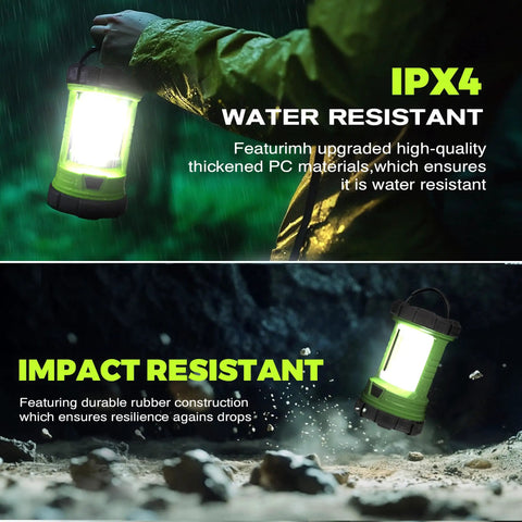 Person holding 3000LM Rechargeable Camping Lantern With 5 Light Modes Waterproof COB Dual Panels Create 360 Degree Beam USB Powered Emergency Light in rain.