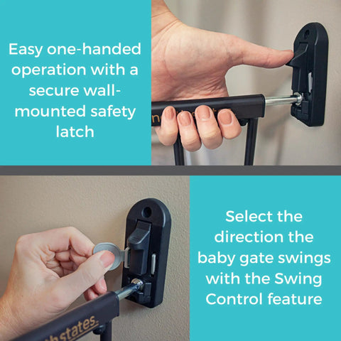 Easy Swing and Lock Baby Gate Series 2 Hardware Mounted Metal Safety for Stairs with wall-mounted safety latch operation
