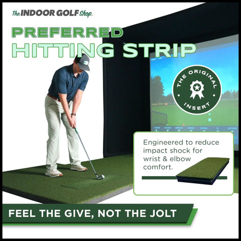 Golfer using Preferred Indoor Golf Hitting Strip Professional Grade Replaceable Hitting Mat With Realistic Fairway Feel Teeline Turf