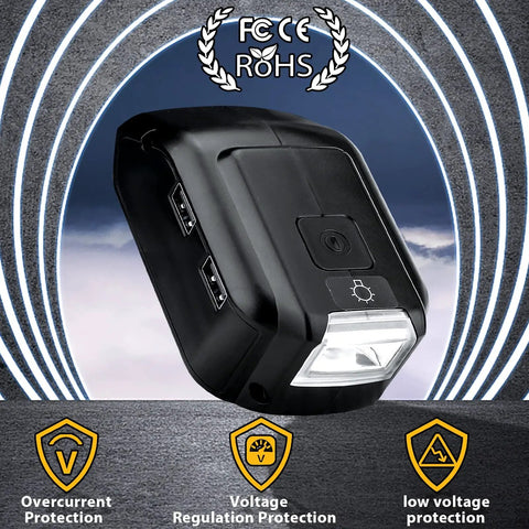 All In One 20V Battery Adapter With USB Phone Charger And LED Work Light, Dual USB Ports, front view with LED light