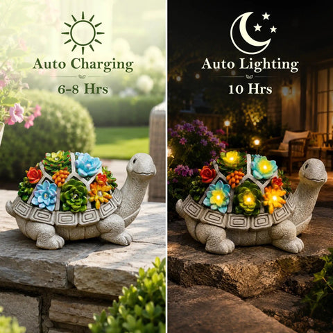 Solar Turtle Garden Statue With Succulent Holder And Seven LED Lights For Patio Yard And Balcony Decor A Cool Gift