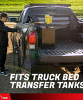 Heavy Duty Electric Fuel Transfer Pump For 15 To 55 Gallon Drums 3.3 Gpm Flow in use, filling truck bed transfer tank.