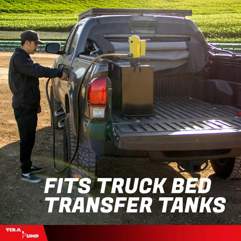 Heavy Duty Electric Fuel Transfer Pump For 15 To 55 Gallon Drums 3.3 Gpm Flow in use, filling truck bed transfer tank.