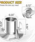 Top Shelf 100 Pack 1 4 20 T Nuts 304 Stainless Steel Four Pronged Threaded Inserts For Woodworking Furniture Cabinetry showing dimensions.