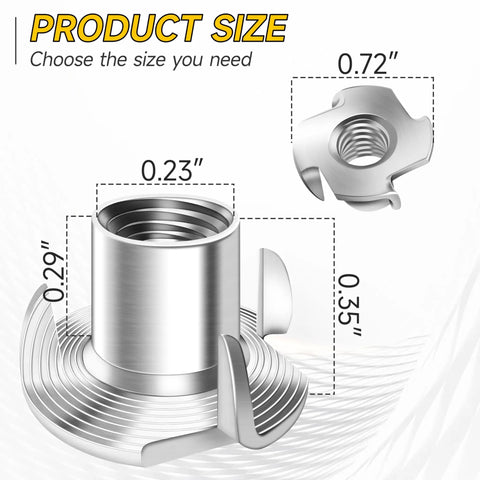 Top Shelf 100 Pack 1 4 20 T Nuts 304 Stainless Steel Four Pronged Threaded Inserts For Woodworking Furniture Cabinetry showing dimensions.