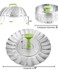 Vegetable Steamer Basket For Cooking Stainless Steel Folding Expandable Steaming Insert With Extendable Handle Fits Pots 5.1 To 9 Inches