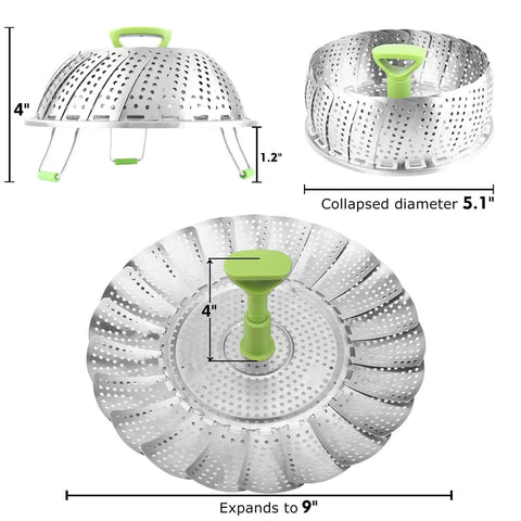 Vegetable Steamer Basket For Cooking Stainless Steel Folding Expandable Steaming Insert With Extendable Handle Fits Pots 5.1 To 9 Inches