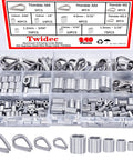 Heavy Duty Wire Rope Thimbles And Aluminum Crimping Loop Sleeves Kit For Rigging Includes 240 Piece Set In 3/64 To 5/32 Inch Range 304 Stainless Steel And Aluminum Construction For Outdoor Cables with assorted pieces shown in case