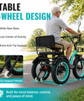 Two Seater Electric Trike For Adults With Passenger Seat And Foldable Frame 1350W Peak Motor 48V 15.6Ah Battery 20x4 Fat Tires 3 Wheel Ebike With Rear Differential Steel Frame Green, side view with rider