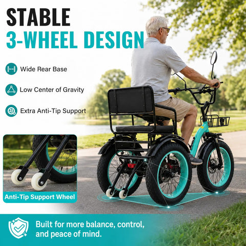 Two Seater Electric Trike For Adults With Passenger Seat And Foldable Frame 1350W Peak Motor 48V 15.6Ah Battery 20x4 Fat Tires 3 Wheel Ebike With Rear Differential Steel Frame Green, side view with rider