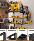 Heavy Duty Metal Circular Saw Holder Wall Mount And 3 Tier Tool Organizer holding tools and blades, in a workshop setting