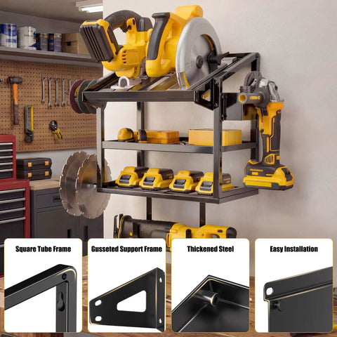Heavy Duty Metal Circular Saw Holder Wall Mount And 3 Tier Tool Organizer holding tools and blades, in a workshop setting