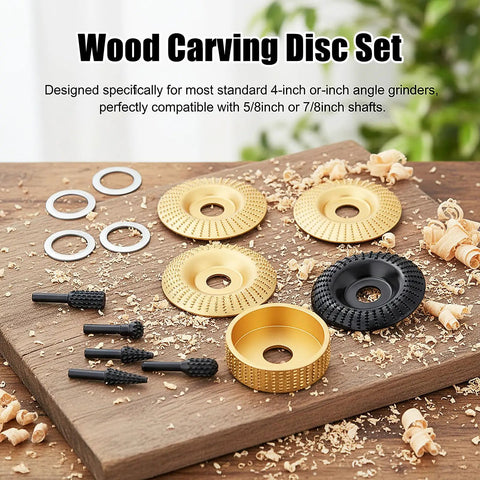 Wood Carving Disc Set For Angle Grinders, 14-Piece Kit With Rotary Burrs And Shaping Discs on wooden table with shavings