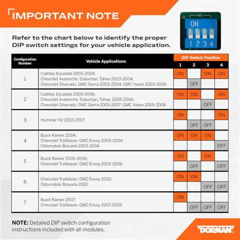 DIP switch configuration chart for Patented Climate Control Module With Automatic Air Conditioning Controls Plug And Play Install Frustration Free Setup Assembled In USA OE Fix Fits Select Models.