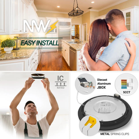 Installation of Six Inch Black Gimbal LED Recessed Canless Wafer Lights With 5 CCTs 2700K To 5000K in a modern kitchen.