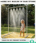 Child playing under DIY water spray frame made with Durable 2 Inch PVC Pipe 2 Pack 17 Inch Length Schedule 40 for DIY projects.