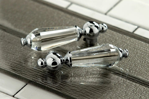 KS1491WLL Sleek Wilshire Vessel Sink Faucet Polished Chrome handles on tiled surface