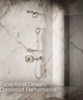Purist Four Function Handheld Showerhead With Nonpositive Shutoff Full Coverage Spray Pulsating Massage And Silk Spray 1.75 GPM Flow Vibrant Brushed Nickel Finish Built For Easy Daily Showers mounted on marble wall