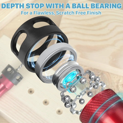 Close-up of depth stop with ball bearing from Pro Grade 10 In 1 Countersink Drill Bit Set With Depth Stop And Chamfer Tool.
