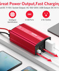 Red 500W Pure Sine Wave Car Inverter 12V To 110V AC With 2 AC Outlets And 4.2A Dual USB Ports connected to devices