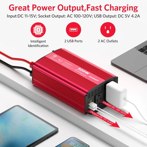 Red 500W Pure Sine Wave Car Inverter 12V To 110V AC With 2 AC Outlets And 4.2A Dual USB Ports connected to devices
