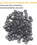 Heavy Duty 50 Pcs M3 Nylon Lock Nuts Featuring Matte Black Zinc Plated Steel Core M3 0.5mm Pitch Hex Shape No Slip Inserts, scattered view