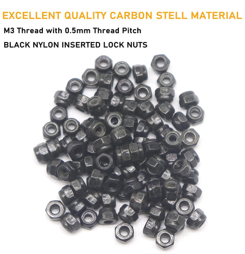 Heavy Duty 50 Pcs M3 Nylon Lock Nuts Featuring Matte Black Zinc Plated Steel Core M3 0.5mm Pitch Hex Shape No Slip Inserts, scattered view