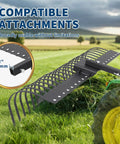 Tow Behind Landscape Rake 60 Inch Dethatcher with 21 steel coil tines attached to tractor, showing compatibility with toolbars.