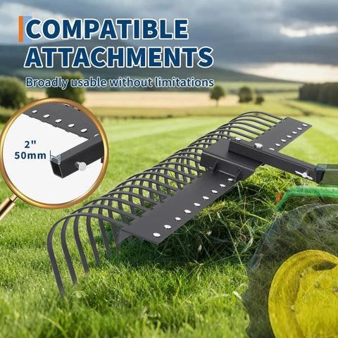Tow Behind Landscape Rake 60 Inch Dethatcher with 21 steel coil tines attached to tractor, showing compatibility with toolbars.