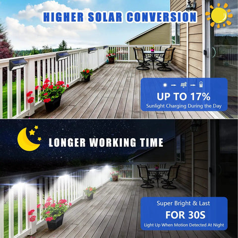 Outdoor Solar Lights Wireless 100 LED Motion Sensor Security Wall Lights Waterproof For Front Door Backyard Steps Garage And Garden 2000 Lumens Mega Pack illuminating a patio day and night.